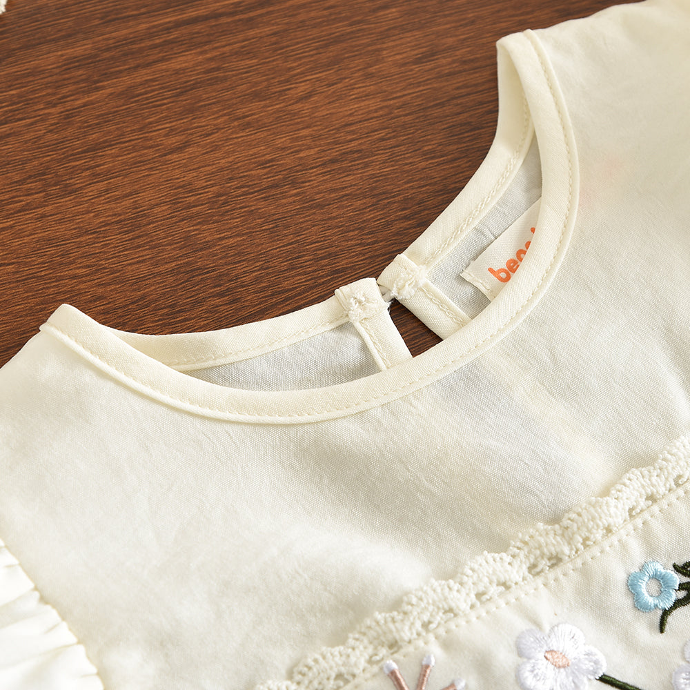 Floral Embroidery Ruffle Top+Lace Pants Girls' Cute Set