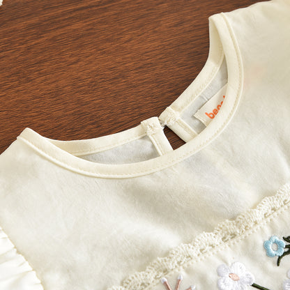 Floral Embroidery Ruffle Top+Lace Pants Girls' Cute Set