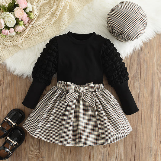 Girls' Puff Sleeve T-shirt+Skirt+Free Hat 3pcs Set