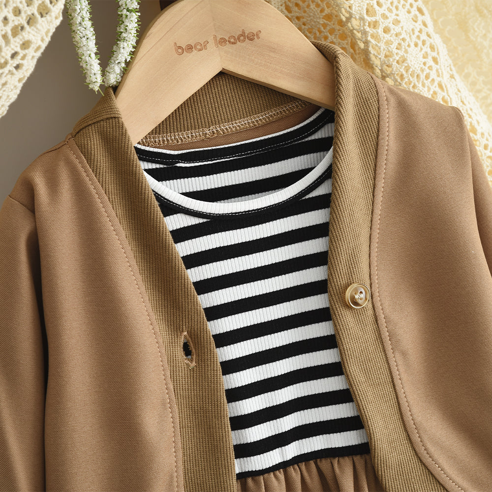 Girls' Stripes Patchwork Dress+Coat Casual Set