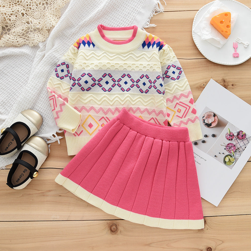 Girls' Colorful Geometry Pattern Knitted Top+Skirt Sweater Set