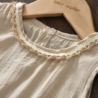 Lace Ruffle Sleeveless Top+Stripes Wide Leg Pants Girls' Elegant Set