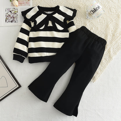 Girls' Stripes Top+Flared Trousers Vintage Set