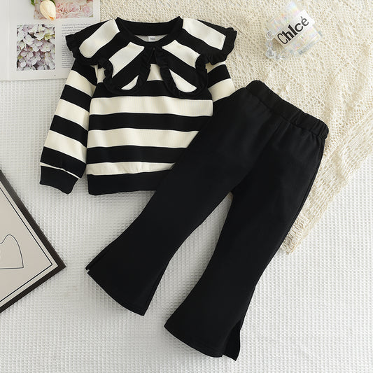 Girls' Stripes Top+Flared Trousers Vintage Set