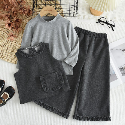 Girls' Long Sleeve T-shirt+Waistcoat+Pant 3PCS Set