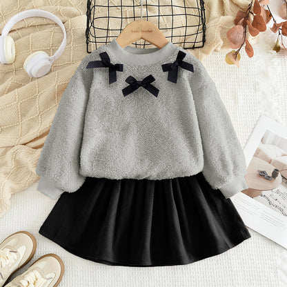 Girls' Bow Fluffy Top+Skirt 2pcs Casual Set