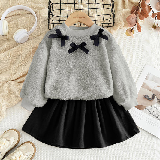 Girls' Bow Fluffy Top+Skirt 2pcs Casual Set
