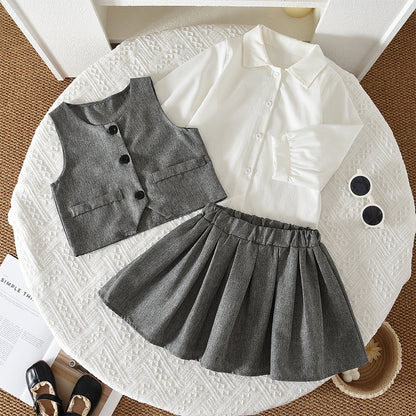 Girls' Blouse+Vest+Pleated Skirt 3pcs Fashion Set