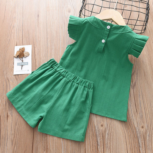 Girls' 100% Cotton Ruffle Top+Shorts 2pcs Casual Set