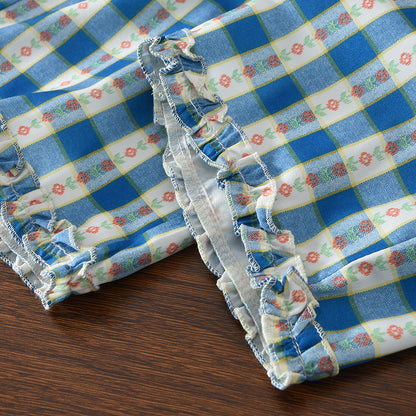 Floral Plaid Pattern Contrasting Colors Ruffle Girls' Summer Cute Set