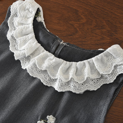 Cute Floral Embroidery Lace Shirt+Pleated Skirt Girls' Vintage Set