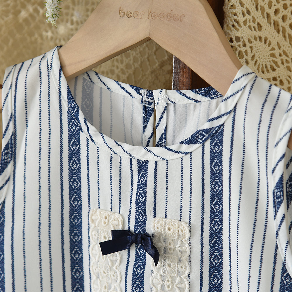 Bow Lace Stripes Shirt+Ruffle Pants Girls' Stylish Summer Set