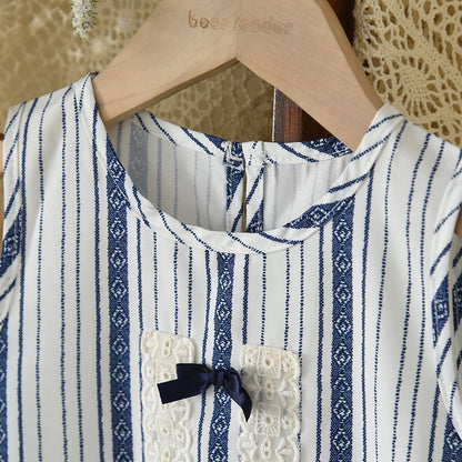 Bow Lace Stripes Shirt+Ruffle Pants Girls' Stylish Summer Set