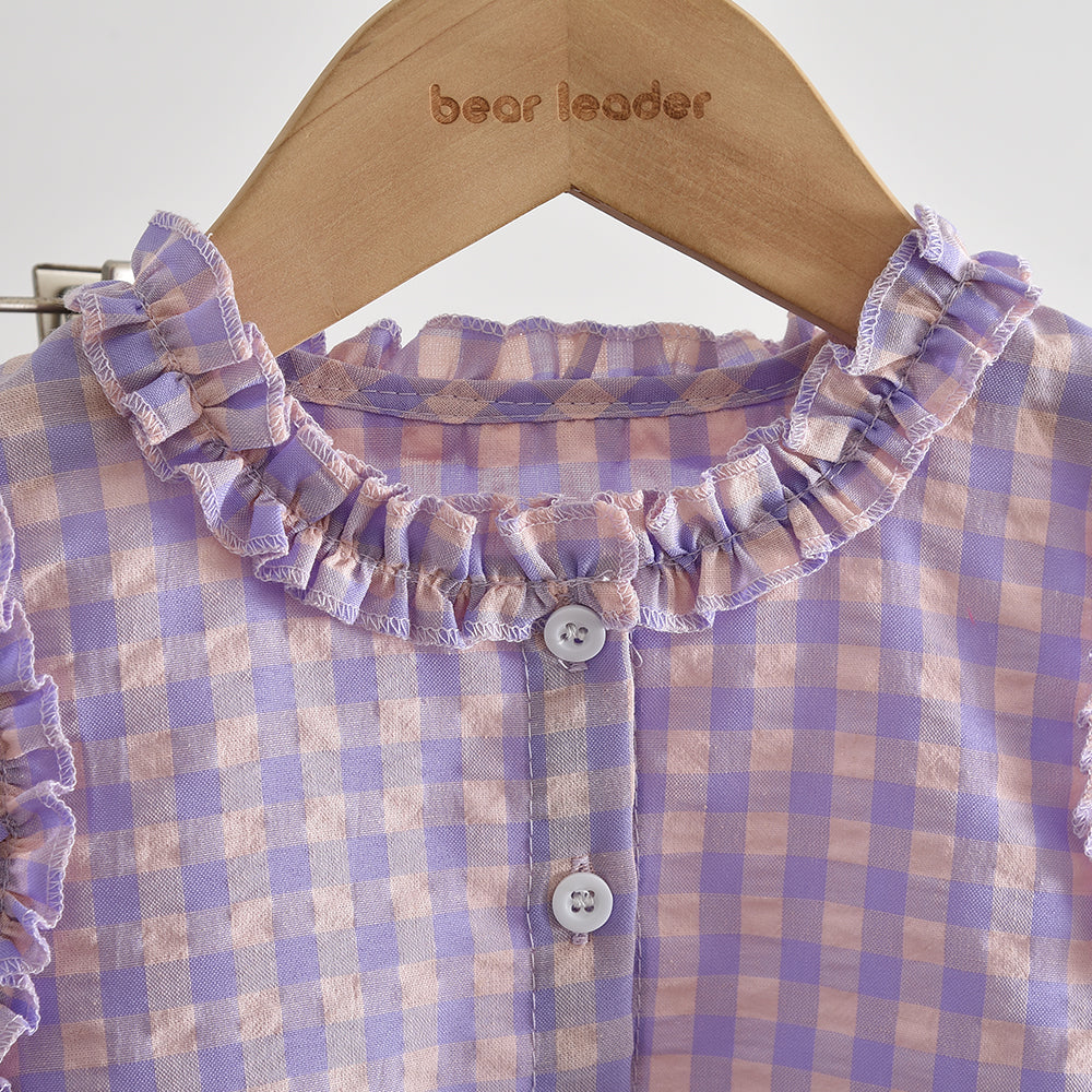 Fresh Plaid Ruffle Shirt+Casual Pants Girls' Cute Set