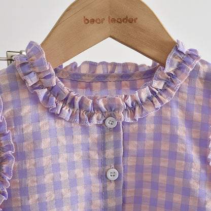 Fresh Plaid Ruffle Shirt+Casual Pants Girls' Cute Set