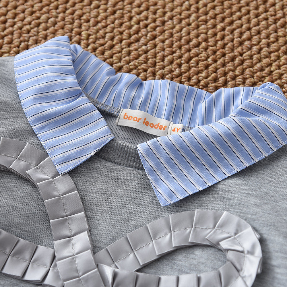 Girls' Bow Stripes Fake 2pcs Top+Trousers Fashion Set