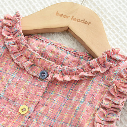 Girls' Ruffle Plaid Contrast Colors Vacation Set