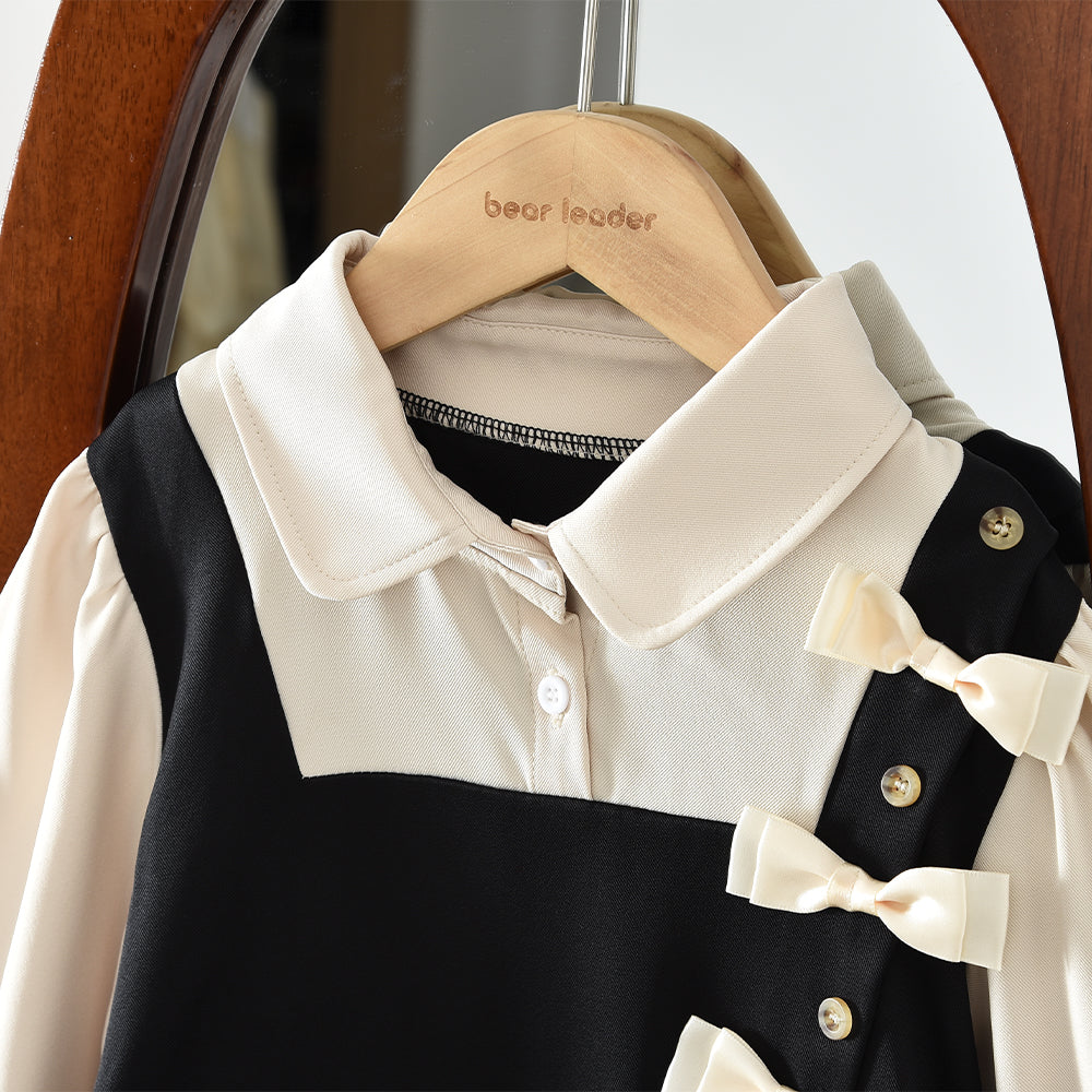 Girls' Bow-knot Patchwork Preppy Style Casual Dress