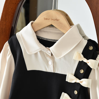 Girls' Bow-knot Patchwork Preppy Style Casual Dress
