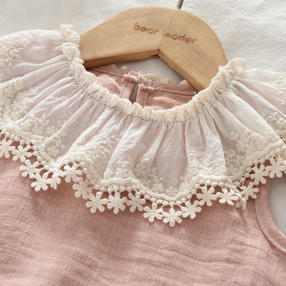 Lace Collar Top+Wide Leg Pants Cute Girls' Sleeveless Set