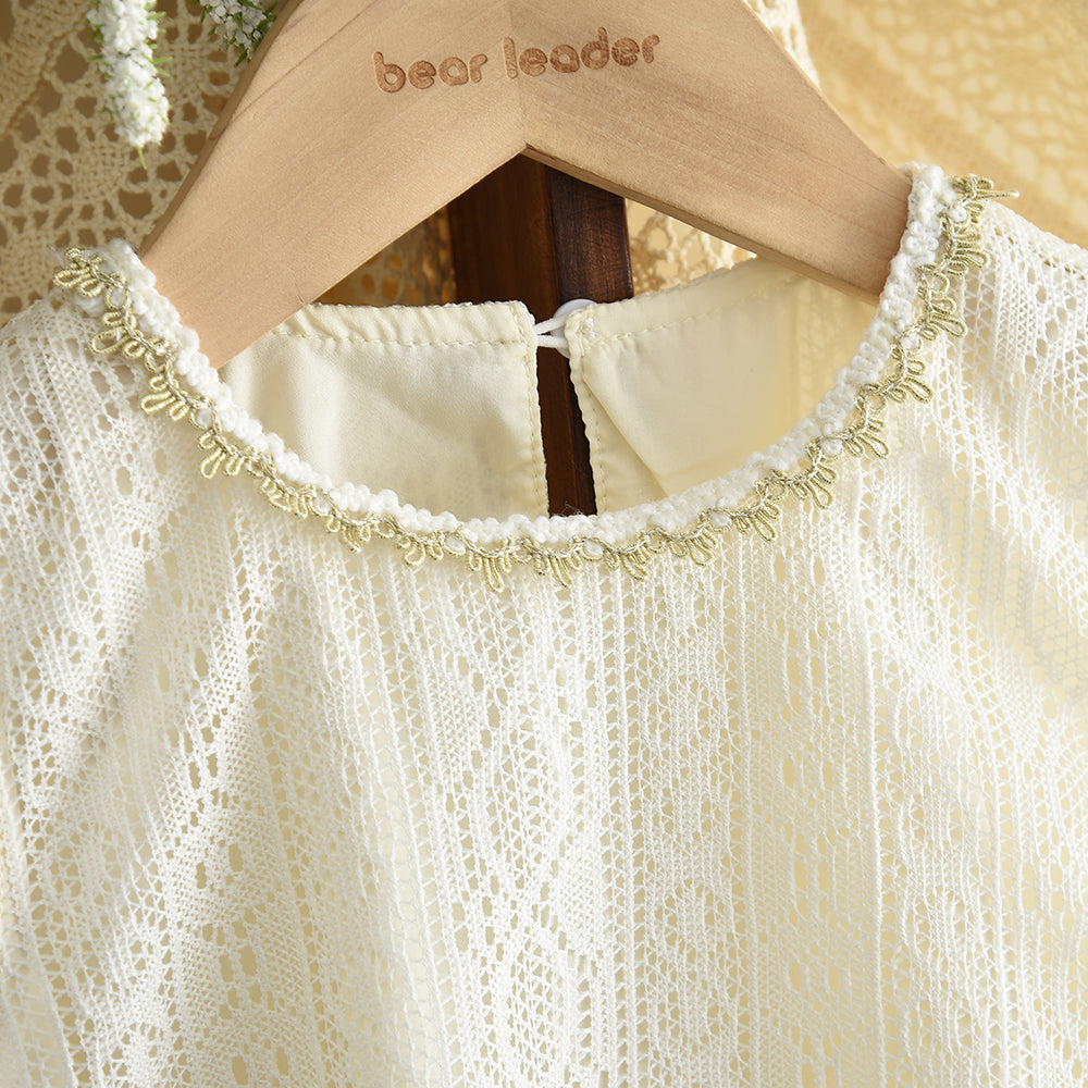 Lace Mesh Patchwork Top+Wide Leg Pants Ethnic Style Girls' Vacation Set