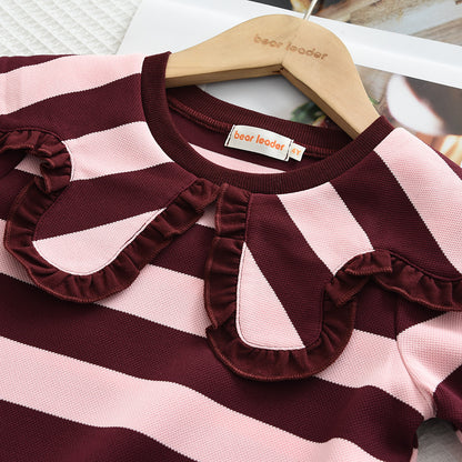 Girls' Stripes Large Lapel Casual Dress
