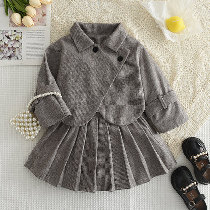 Girls' Coat+Pleated Skirt Vintage Set