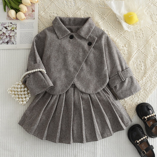 Girls' Coat+Pleated Skirt Vintage Set