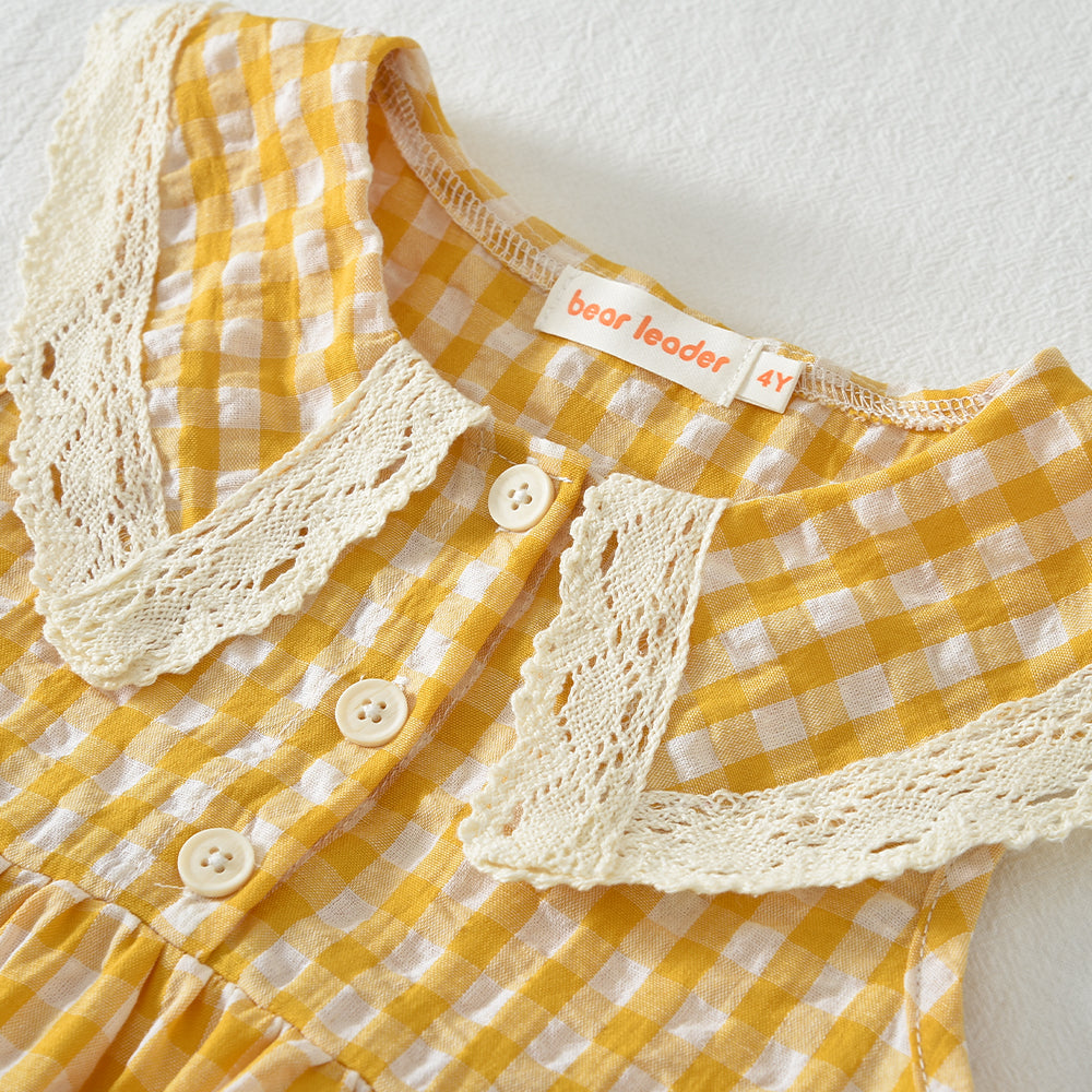 Lace Collar Plaid Sleeveless Shirt+Shorts Kid Girls' Cute Set