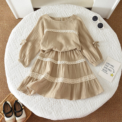 Girls' Pure Cotton Long Sleeve Blouse Lace 2pcs Set