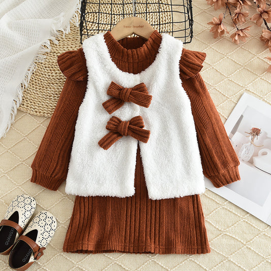 Girls' Knitted Dress+Fluffy Waistcoat Baby Set