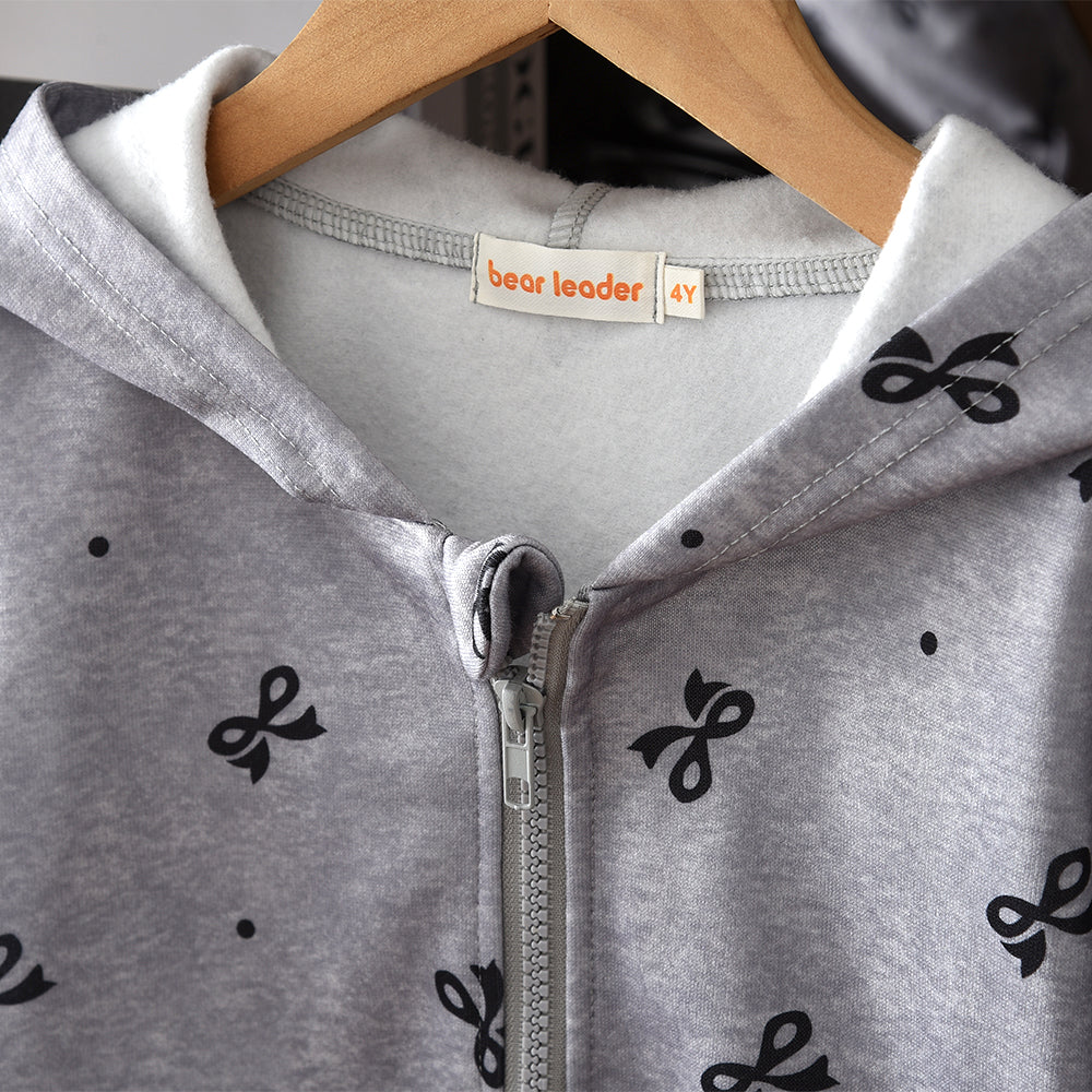 Girls' Bow-knot Printing Sweatshirt Hooded Set