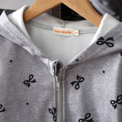 Girls' Bow-knot Printing Sweatshirt Hooded Set