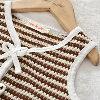 Fashion Stripes Knitted Girls' Set Bow Summer Girls' Vacation Outfit