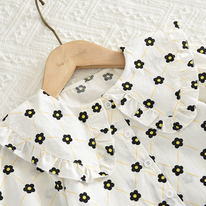 Girls' Bow-knot Printing Shirt+Patchwork Skirt Set