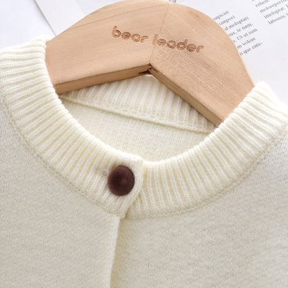 Girls' 3D Floral Cardigan+Pleated Skirt Knitted Sweater Set