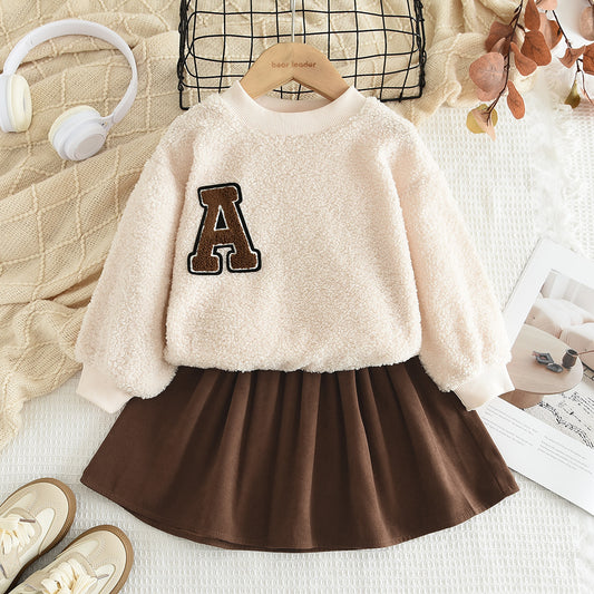 Girls' Letter Plush Top+Skirt Casual Set