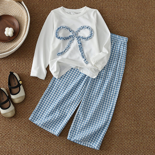 Girls' Bow-knot T-shirt+Plaid Trousers Set