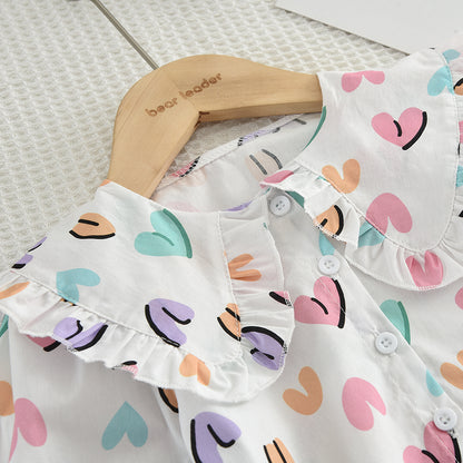 Girls' Bow-knot Printing Shirt+Patchwork Skirt Set