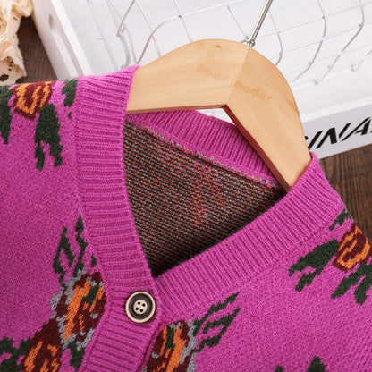 Girls' Ethnic Style Pattern Cardigan+Shorts Knitted Sweater Set