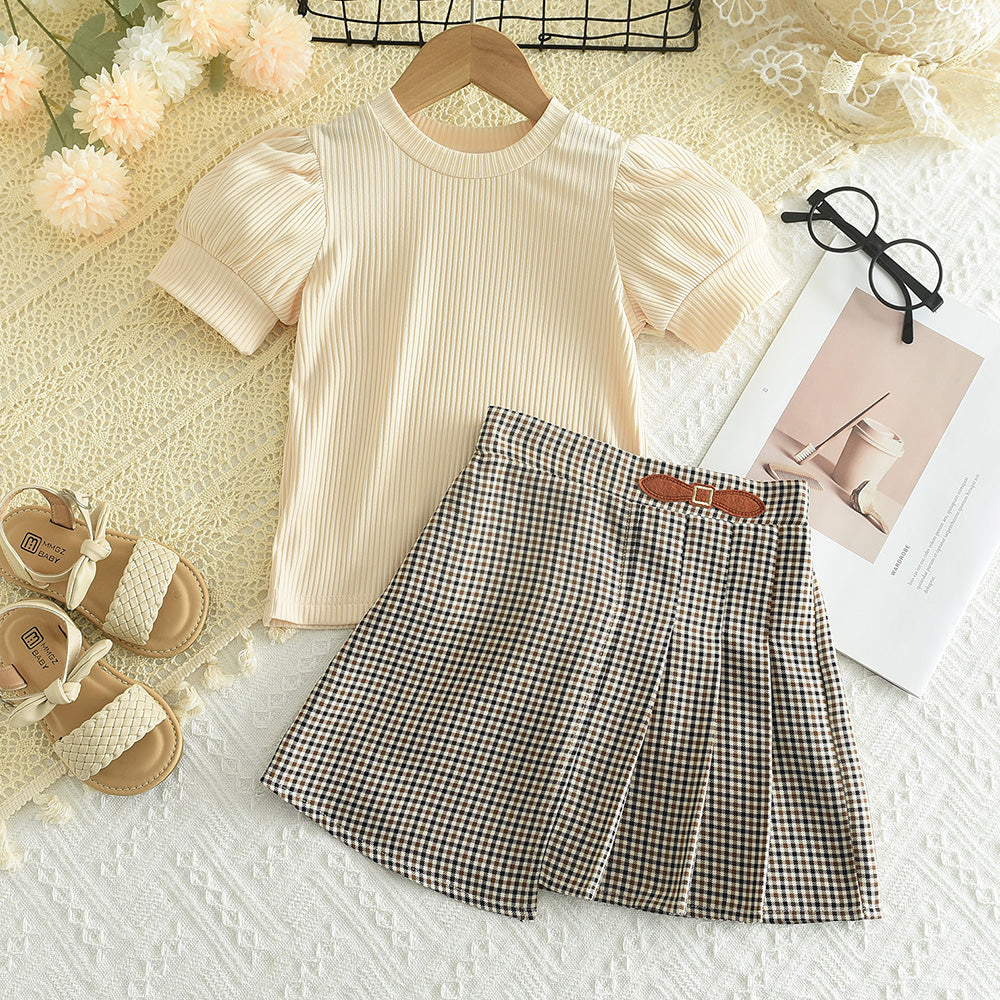 Girls' Elastic T-shirt+Pleated Skirt Vintage Set