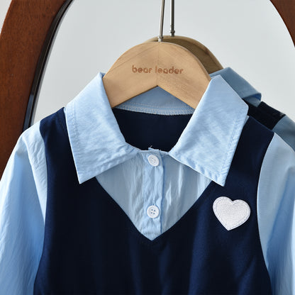 Cartoon Heart Color Contrasting Patchwork Girls' Shirt Dress