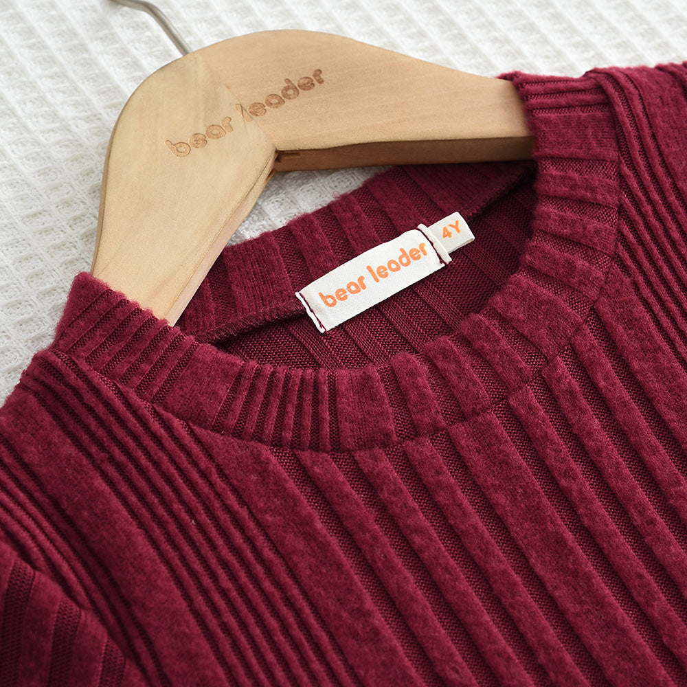 Girls' Wine Red Christmas Outfit Fluffy Patchwork Dress+A free beret