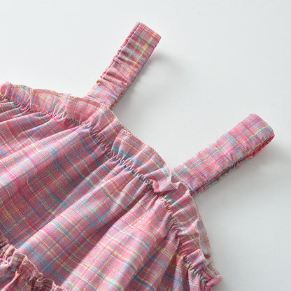 Girls' Plaid Sun-top+Trousers Vacation Set