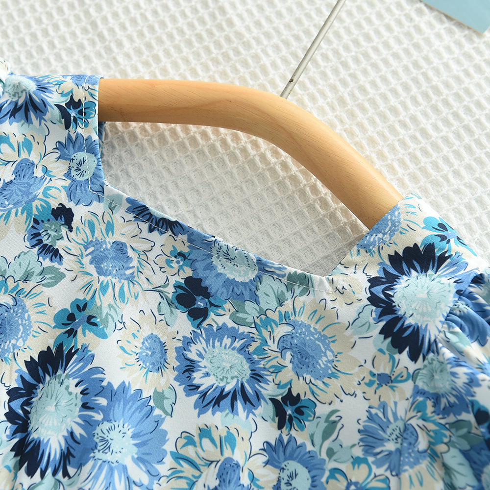 Girls' Floral Prints Art Blue Casual Dress