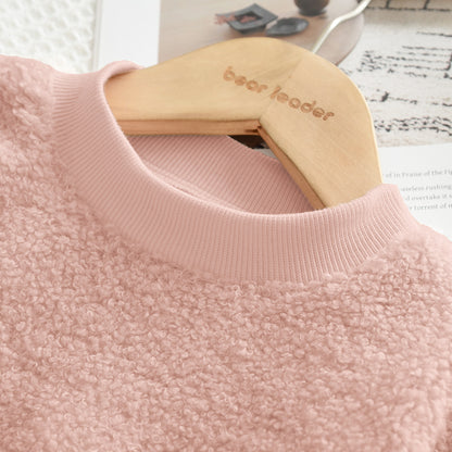Girls' Letter Plush Top+Skirt Casual Set
