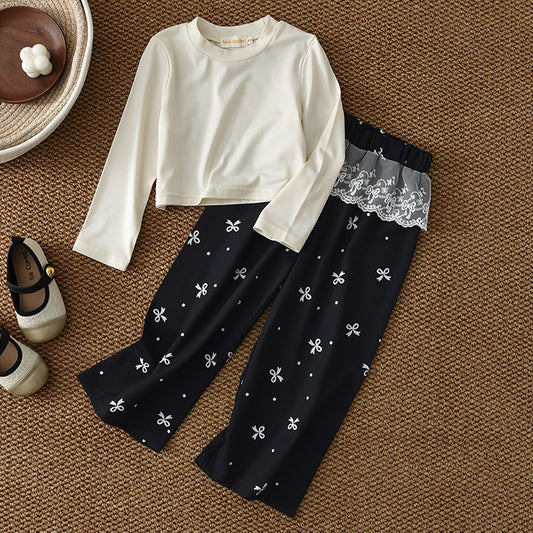 Girls' Long Sleeve T-shirt+Lace Printing Trousers Set