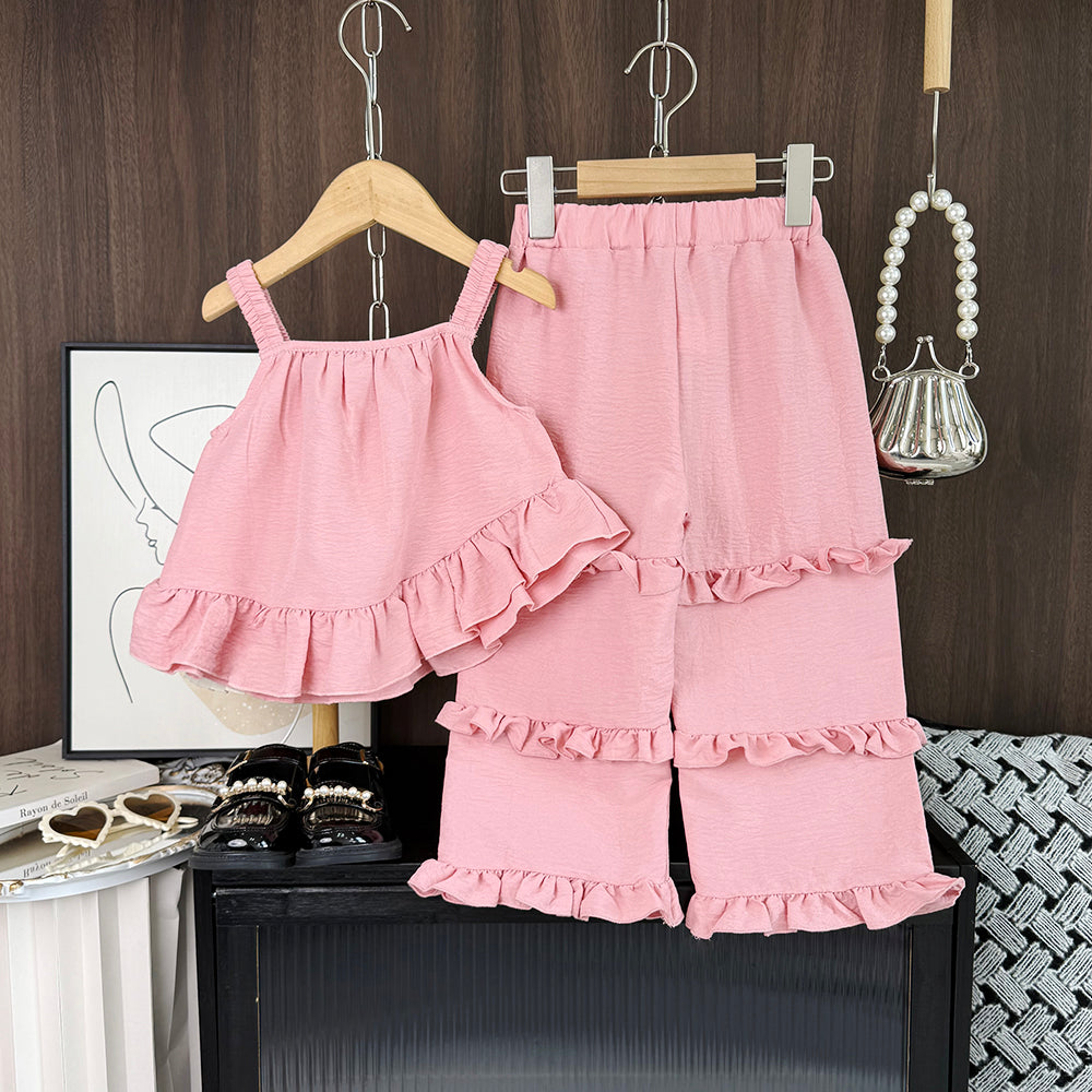 Girls' Bow-knot Sun-top+Ruffle Pant Set