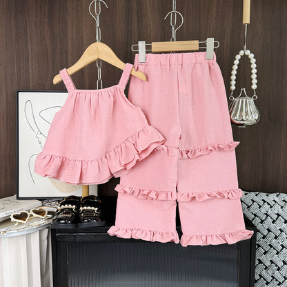 Girls' Bow-knot Sun-top+Ruffle Pant Set