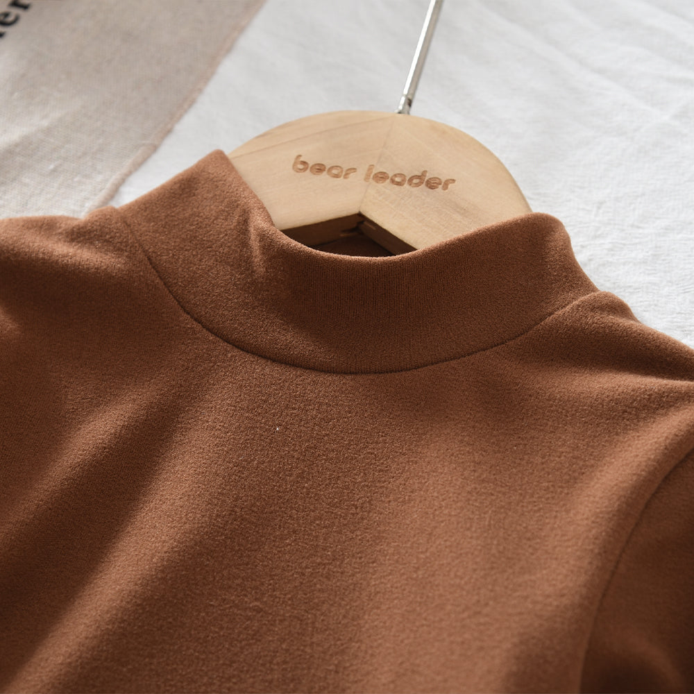 High Collar Stretchy Long Sleeve T-shirt+Suspender Trousers Girls' Set